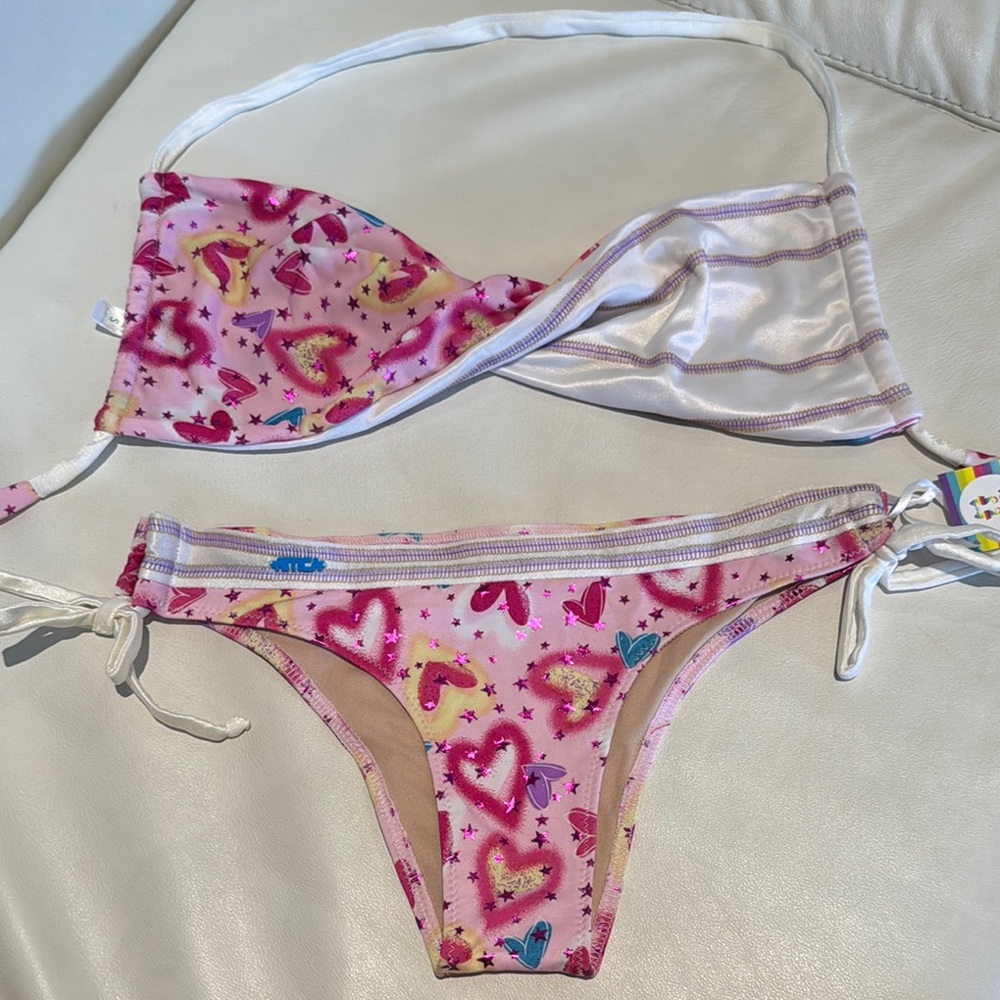Women small Pink white Heart and Star Bikini Set with stitching strapless halter